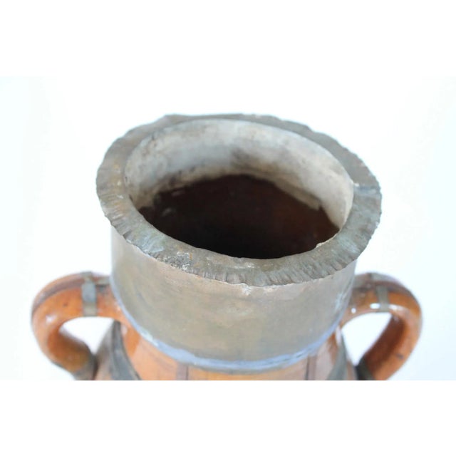 Brown Spanish Brutalist Partially Glazed Ceramic & Brass Vase For Sale - Image 8 of 11