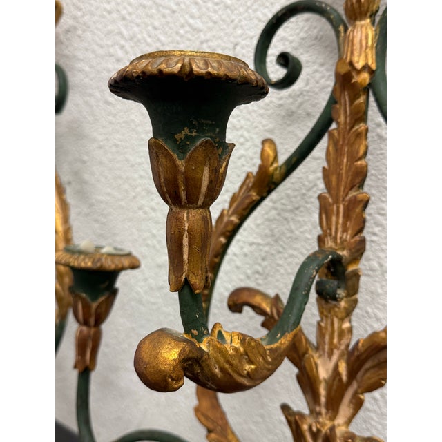 Gold Mid 20th Century Italian Gilt Metal Laurel Wreath Candelabra Sconces, Pair For Sale - Image 8 of 12