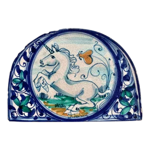 Italian Vintage Pottery Arch Shaped Wall Plaque of a Unicorn Hand Made by Fratantoni Ceramiche