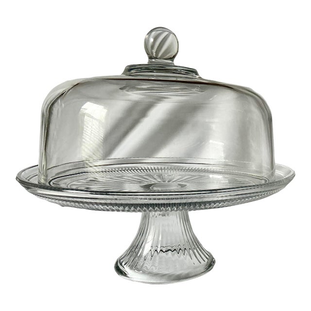 Traditional Pressed Glass Cake Stand With Glass Dome For Sale