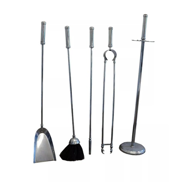 Art Deco Set of 4 Chrome Fireplace Tools Shovel, Broom, Tongs, and Poker For Sale - Image 4 of 8