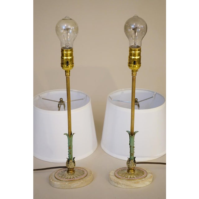 1930s Matched Pair Art Deco French Empire Ornate Brass Travertine Marble Candlestick Table Lamps For Sale - Image 10 of 10