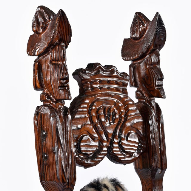 Rustic Pair of Restored Witco Conquistador Vintage Tiki Throne Chairs in New Faux Leopard Fur For Sale - Image 3 of 18