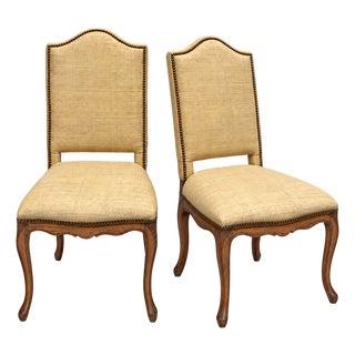 Louis XV Style French Style Side Chairs in Grasscloth W/ Brass Nailheads Att. To Grange - Pair For Sale