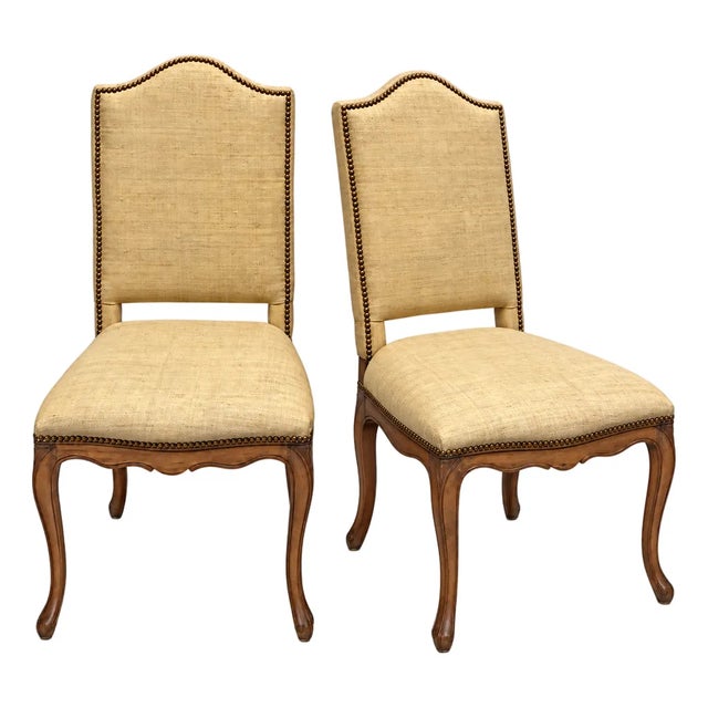 Louis XV Style French Style Side Chairs in Grasscloth W/ Brass Nailheads Att. To Grange - Pair For Sale