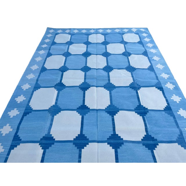 Sky Blue Handmade Cotton Area Rug Vegetable Dyed Sky Blue and White Vista Rug-6'x9' For Sale - Image 8 of 11