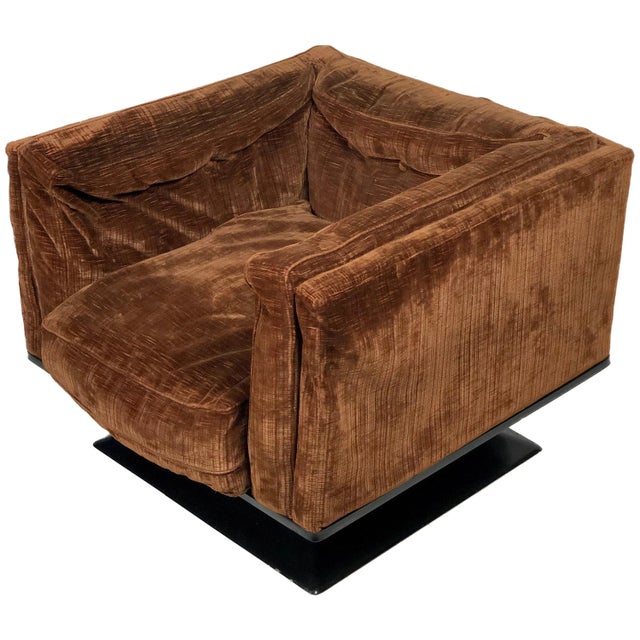 Brown velvet armchair by Luigi Pellegrin for MIM, Roma, 1950s, Italy. Featuring a fiberglass base in good condition, some...