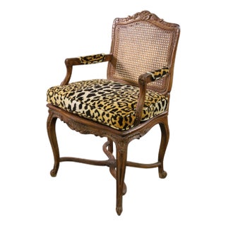 Antique French Provincial Cane Back Arm Chair W Clarence House Cheetah Velvet For Sale