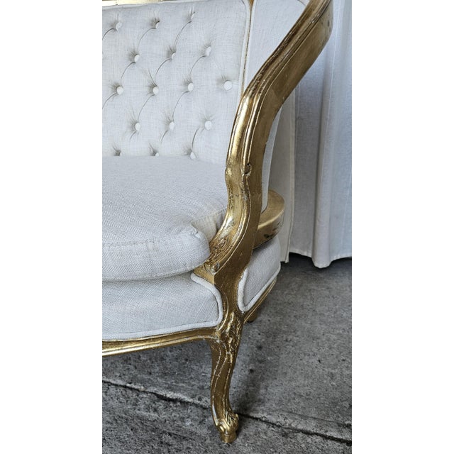 1920s French Gilt Wood Louis XV Style, Fauteuil Marquise Pair of Chairs, Tufted Chairs For Sale - Image 10 of 18