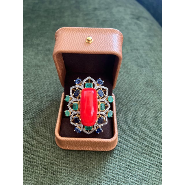 Bochic "Orient" Vintage Diamonds, Emeralds, Sapphire & Opal Ring Set In 18K Gold & Silver Natural Center Orange Opal 9.00...