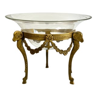 1960's Clear Glass Bowl With Ornate Footed Brass Goat Stand For Sale