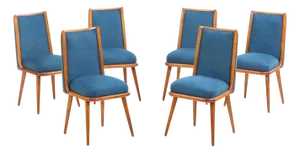 Set of 6 Mid Century Modern Wood and Upholstered Dining Chairs, C. 1960.