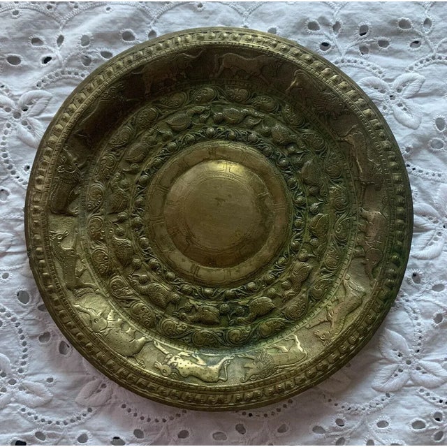 Brass Vintage Early 20th Century Asian Hammered Brass Animal Motif Decorative Plate For Sale - Image 8 of 8