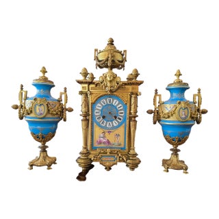 Antique Sevres Style Jeweled Clock Set Ormolu Bronze For Sale