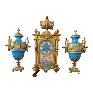 Antique Sevres Style Jeweled Clock Set Ormolu Bronze