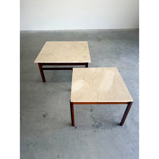 Mid-Century Modern 1960’s Danish Rosewood and Travertine Coffee and Side Table Set - Two Pieces For Sale - Image 3 of 12