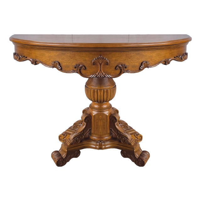 Oak Demi Lune Renaissance Revival Style Console Entry Table For Sale