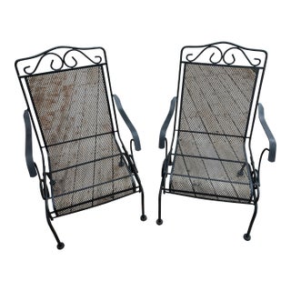 Vintage Woodard Style Black Wrought Iron Mesh High-Back Coil Spring Patio Chairs - A Pair For Sale