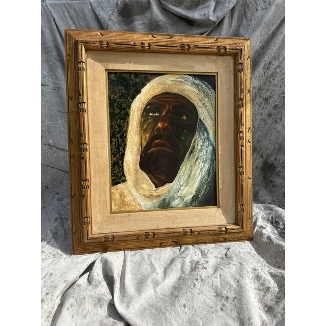 Wood 19th Century One-of-a-Kind Original Oil Painting “Arab Man in Turban” | Framed | 31” X 26.5” For Sale - Image 7 of 8