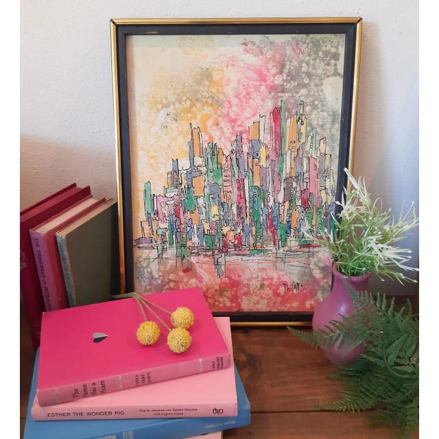 1970s Nyc Abstract Cityscape Skyline Oil Painting MCM Mid