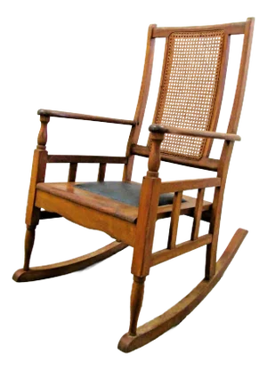 1920s Antique Mission Style Oak Cane Back Black Leather Seat Rocking Chair
