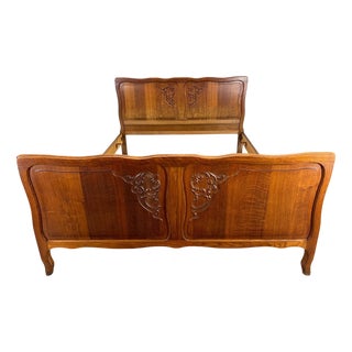 Vintage French Double Bed with Frame in Oak For Sale