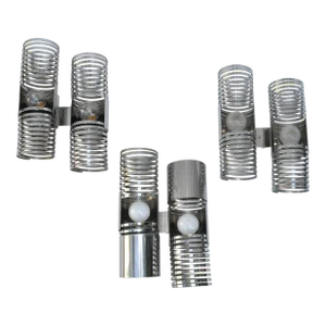 Set of 3 Machine Age Chrome Coil Shape 2 Light Sconces, Wall Lamps France 1970