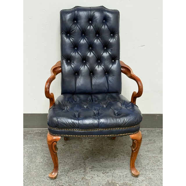Traditional Queen Anne Style Tufted Blue Leather Armchair, Vintage For Sale - Image 3 of 14