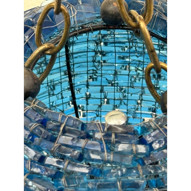 Art Glass Pendant Light : Vintage Mid-Century Cut Blue Glass Stacked Globe-Shaped Round “Blue Moon” Pendant Light Fixture. Mid Century Vibe For Sale - Image 10 of 11