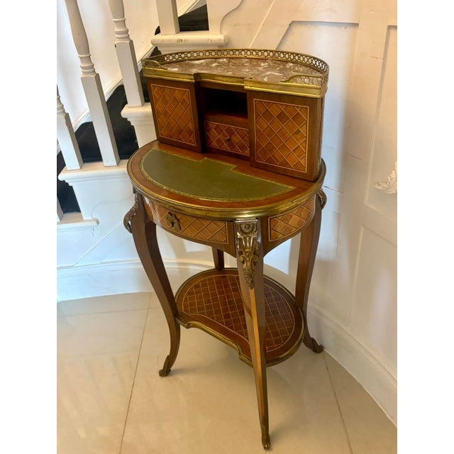 Antique French Kingwood Parquetry Freestanding Ormolu Ladys Writing Desk Bonheur Du Jour, 1880 For Sale - Image 13 of 16