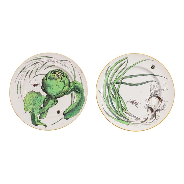 Pair of French Glazed Faience Plates With Scallions and Artichokes, C. 1850's For Sale