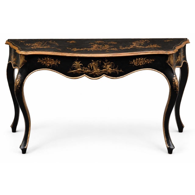 French 1960s Italian Black & Gilt Chinoiserie French Louis XV Style Console Table For Sale - Image 3 of 5