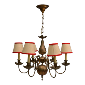 Baroque, Hammered Brass, Bronze, Fabric, Chandelier Light, 1950s