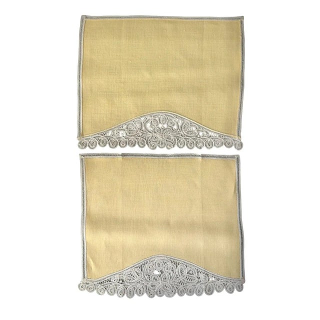 Yellow Vintage Canary Yellow Linen Guest Towels with Filet Lace Fingertip Towels, Colored European Trousseau Linen - a Pair For Sale - Image 8 of 9