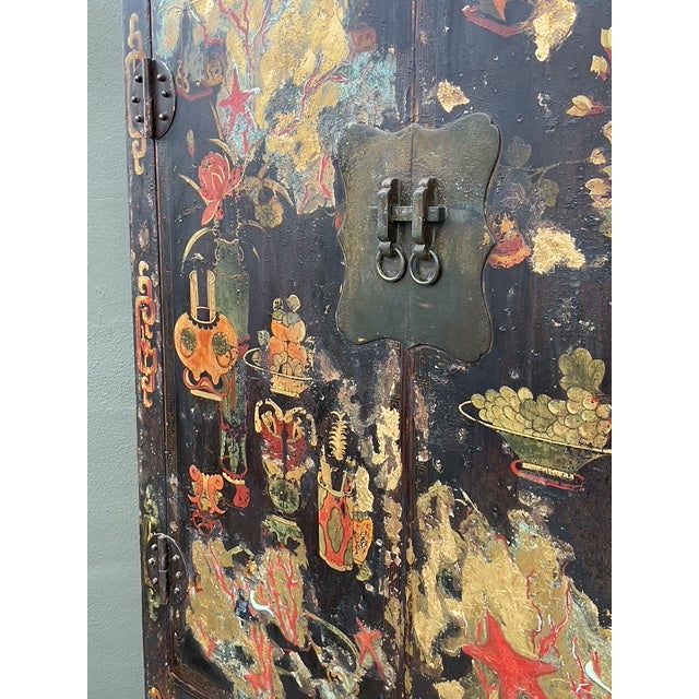 Black Vintage Asian Hand Painted Wedding Cabinet For Sale - Image 8 of 14