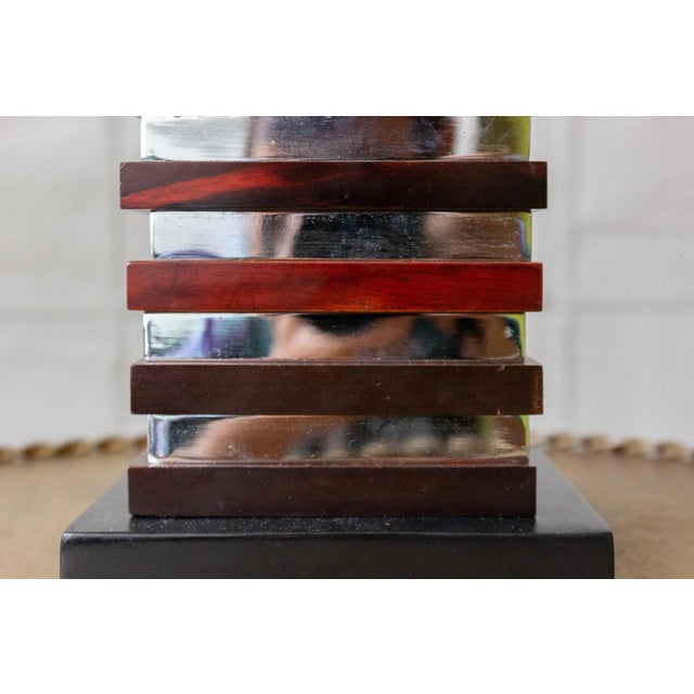 Chrome Pair of French Stacked Wood and Chrome Table Lamps For Sale - Image 8 of 12