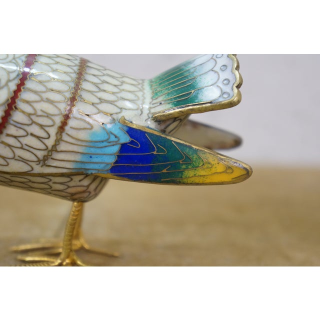 Vintage Chinese Brass Cloisonne Enamel Bird Figurine on Wood Stand 5" For Sale - Image 11 of 13