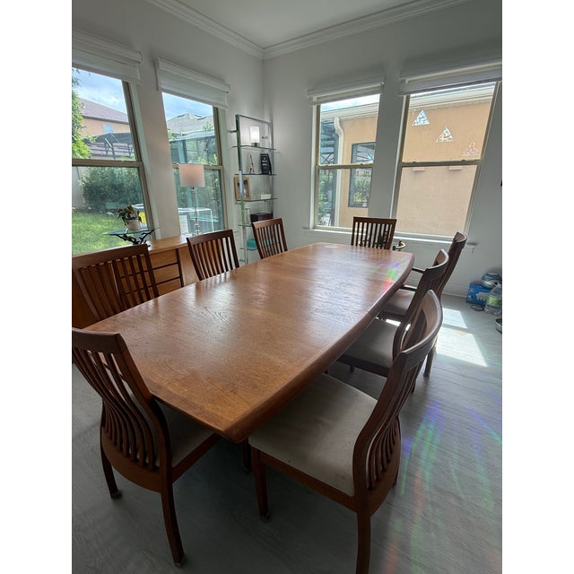 Beautiful set with 8 chairs including 2 armchairs. The table has 2 leaves. The buffet has 4 drawers and 2 open doors with...