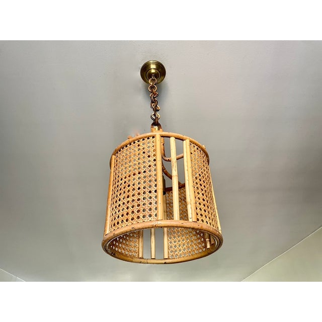 Wood Rattan Cane Pendant Light, 1970s For Sale - Image 7 of 10