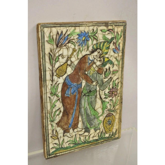 Antique Persian Iznik Qajar Style Ceramic Pottery Tile Green Couple Embrace C1 For Sale - Image 10 of 10