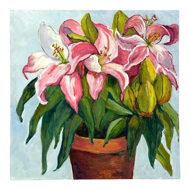 Square Impasto Floral Painting of Lilies For Sale