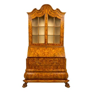 Early 20th Century Dutch Marquetry Trumeau Library Cabinet With Drop-Front Desk For Sale