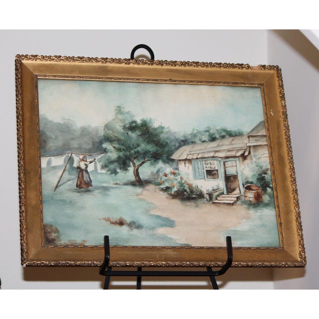Turquoise Stunning Original Old Watercolor, Gilt Frame, Nails and 1916 Newspaper For Sale - Image 8 of 13