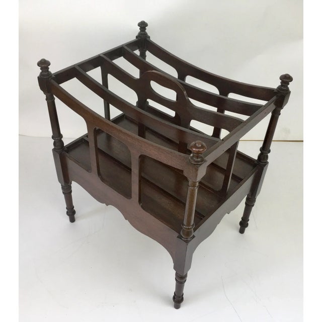 Nice sturdy real walnut wood Colonial Canterbury with center carry handle. Turned legs and finials.