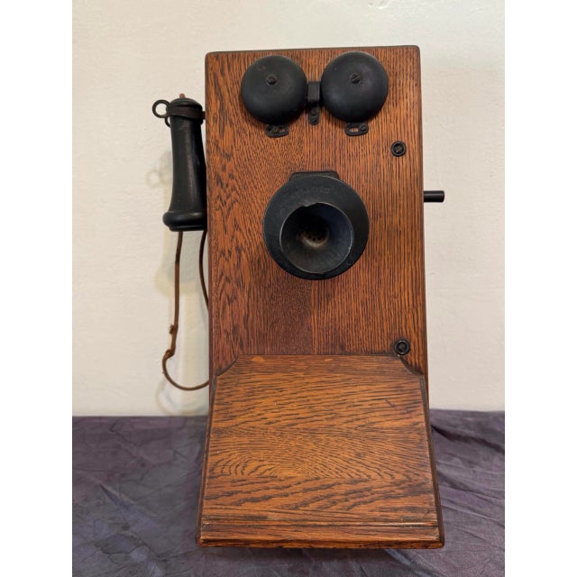 Brown Late 20th Century American Electric Wood and Bakelite Antique Wall Crank Phone For Sale - Image 8 of 12