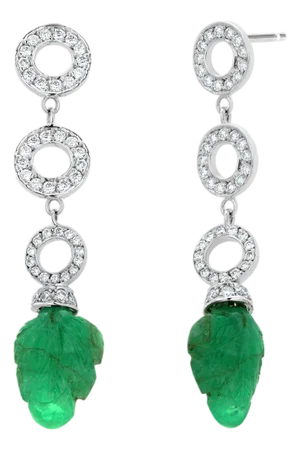14k White Gold Leaf Carved Colombian Emerald and Diamond Circle Drop Earrings, A Pair