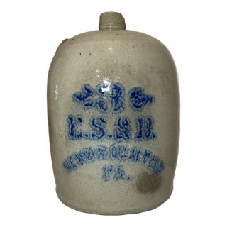 Antique 1800's e.s. & B. New Brighton 3 Stoneware Salt Glazed Cobalt Pottery Jug For Sale