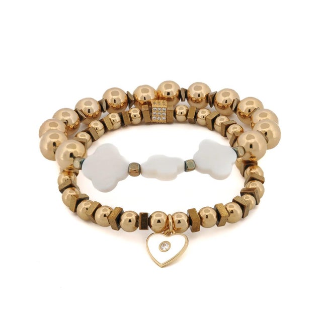 Metal Spiritual Heart & Lucky Clover Gold Beaded Bracelet Set For Sale - Image 7 of 7