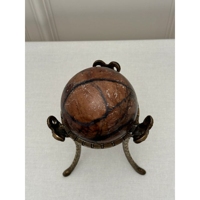 Classical Greek Marble Orb Sphere on Brass Ram’s Head Stand For Sale - Image 9 of 12