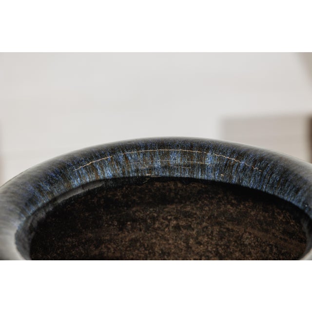 Chinese Vintage Chinese Blue-Glazed Ceramic Planter with Rounded Form and Brown Accents For Sale - Image 3 of 18